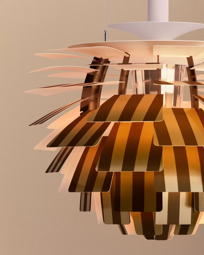 PH Artichoke Aged Brass hanglamp van Louis Poulsen en FENDI Casa, messing designklassieker met luxe afwerking, verkrijgbaar bij Nuances Leuven.
